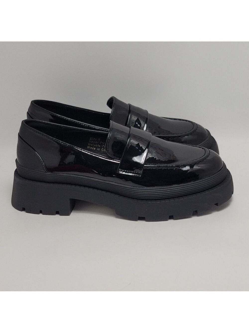 New York & Company Women's Penny Chunky Lug Sole Black Patent Leather Loafers 9